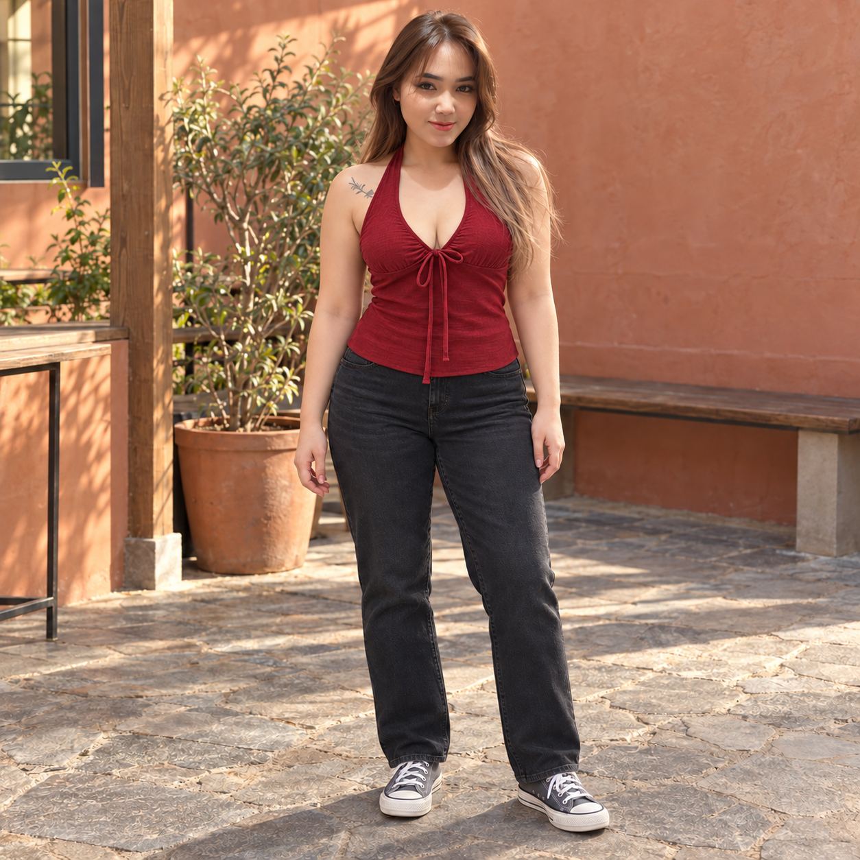 Atasan halter burgundy dengan pita