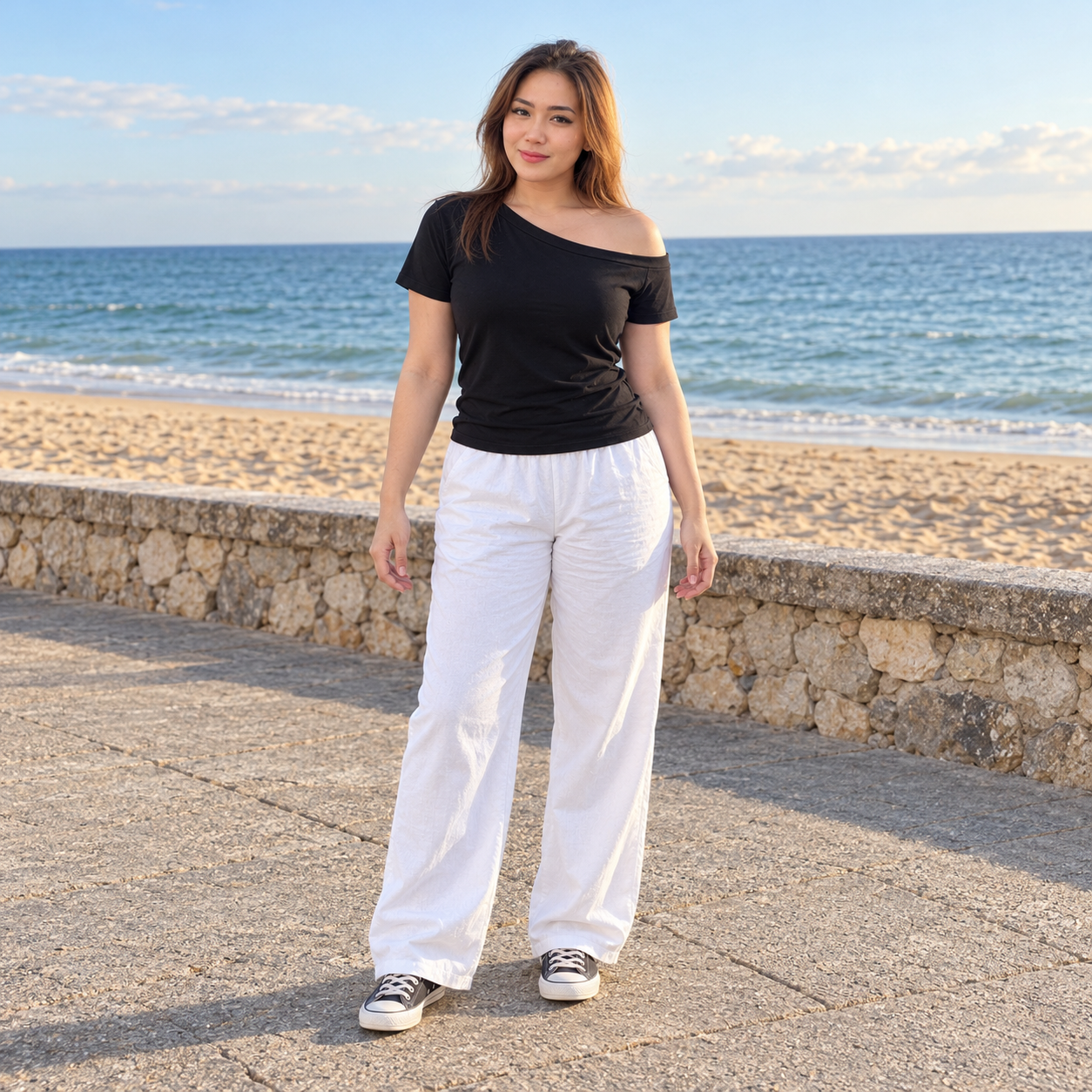 Black Asymmetric Neck Short Sleeve Top