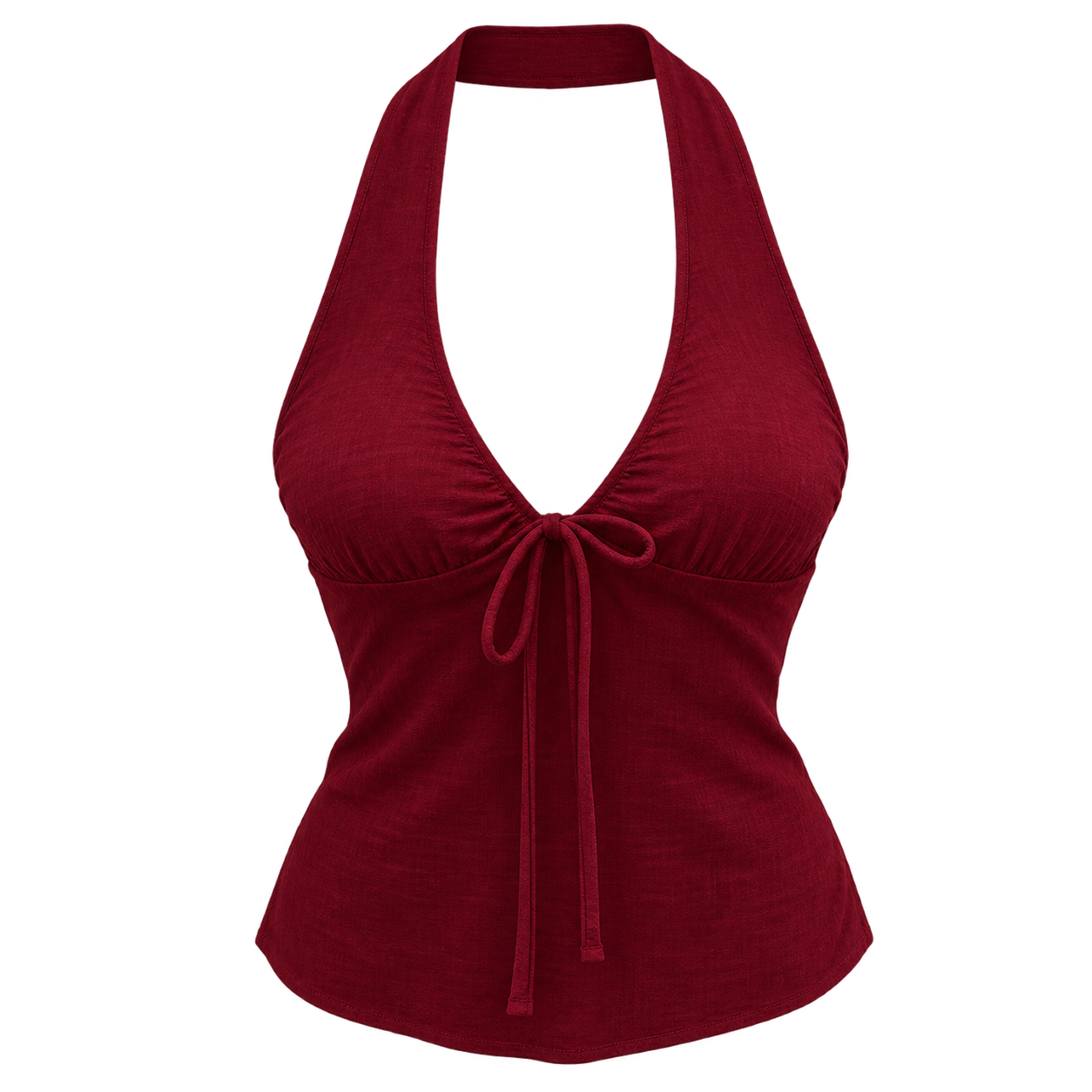 Atasan halter burgundy dengan pita