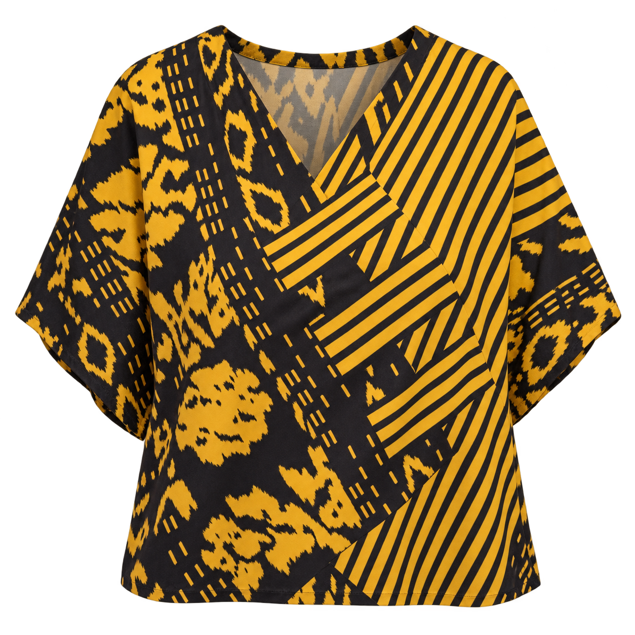 Blus V motif mustard dan hitam
